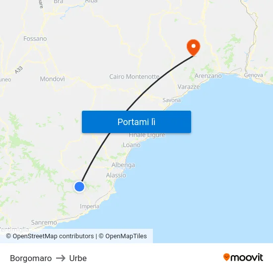 Borgomaro to Urbe map