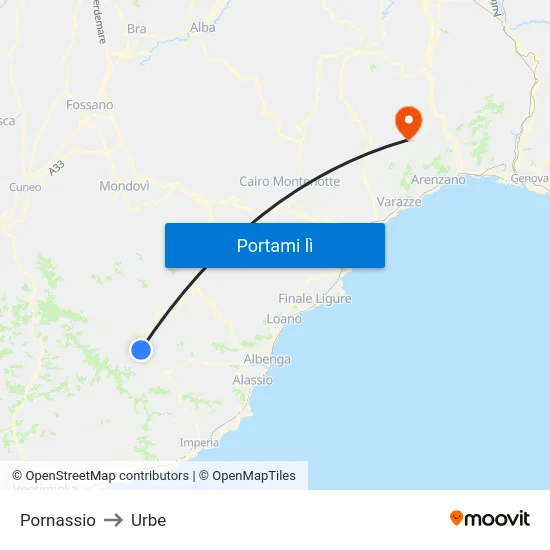 Pornassio to Urbe map