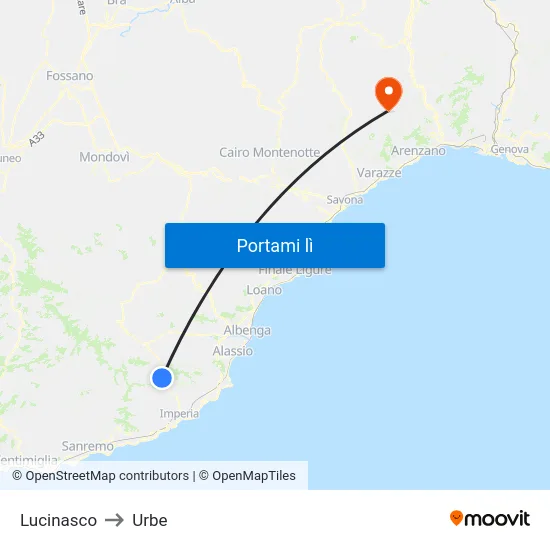 Lucinasco to Urbe map