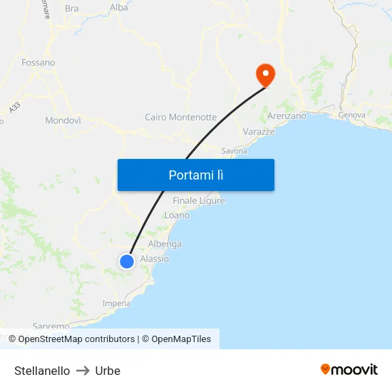 Stellanello to Urbe map