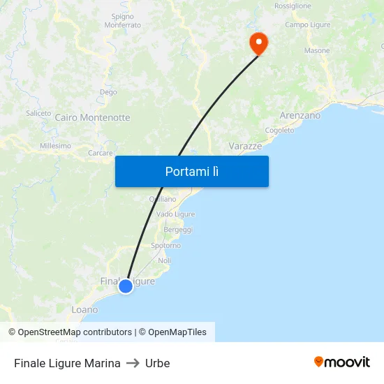 Finale Ligure Marina to Urbe map