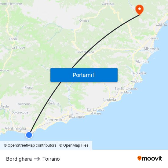 Bordighera to Toirano map