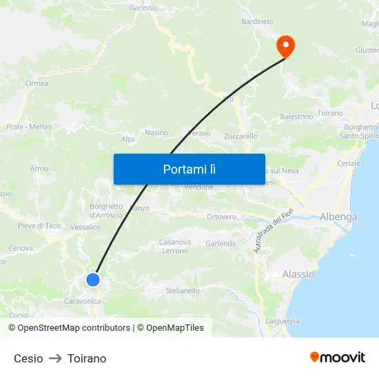 Cesio to Toirano map