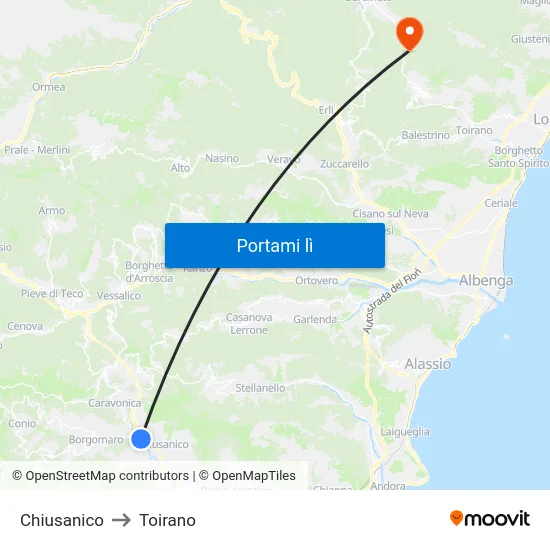 Chiusanico to Toirano map
