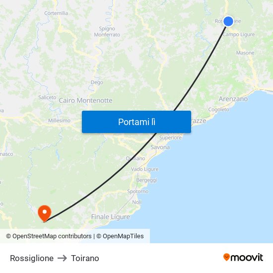 Rossiglione to Toirano map