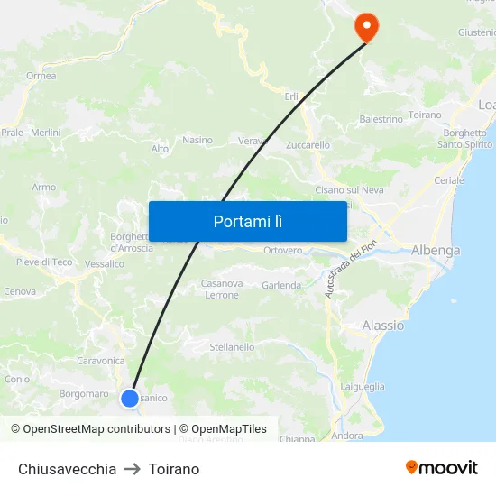 Chiusavecchia to Toirano map