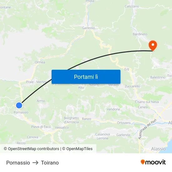 Pornassio to Toirano map