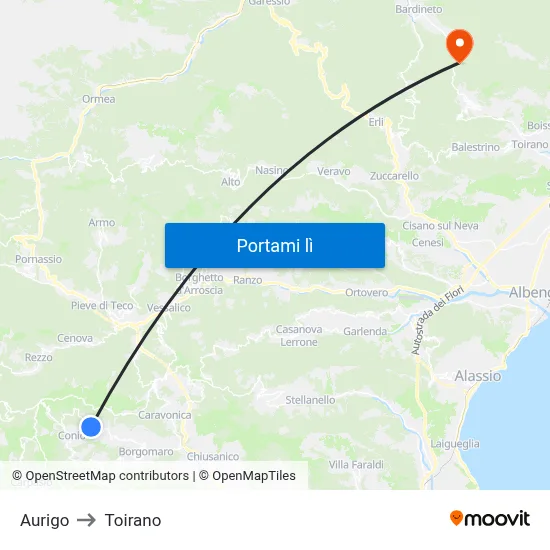 Aurigo to Toirano map