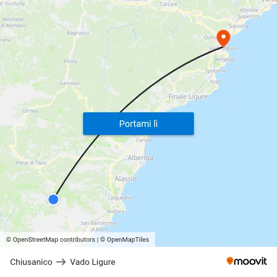 Chiusanico to Vado Ligure map
