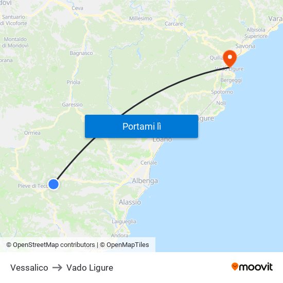 Vessalico to Vado Ligure map