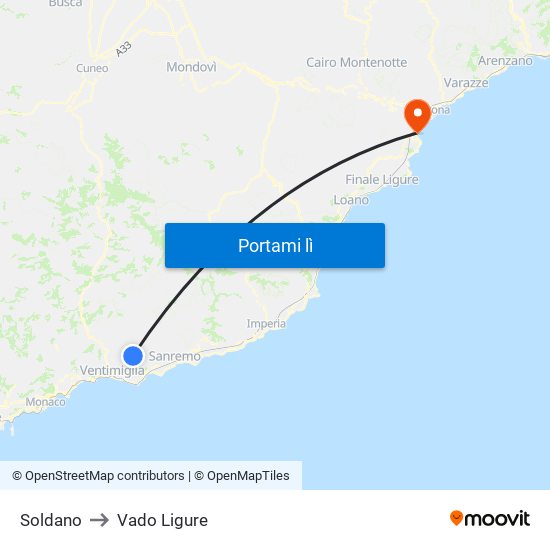 Soldano to Vado Ligure map