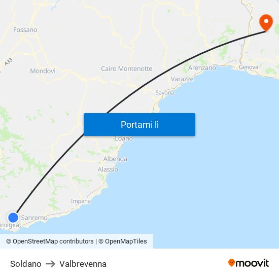 Soldano to Valbrevenna map