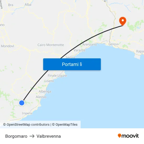 Borgomaro to Valbrevenna map