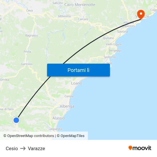 Cesio to Varazze map