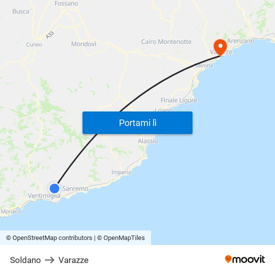 Soldano to Varazze map