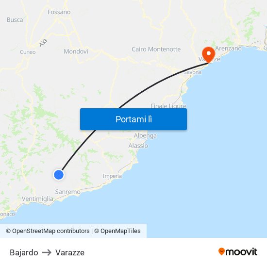 Bajardo to Varazze map