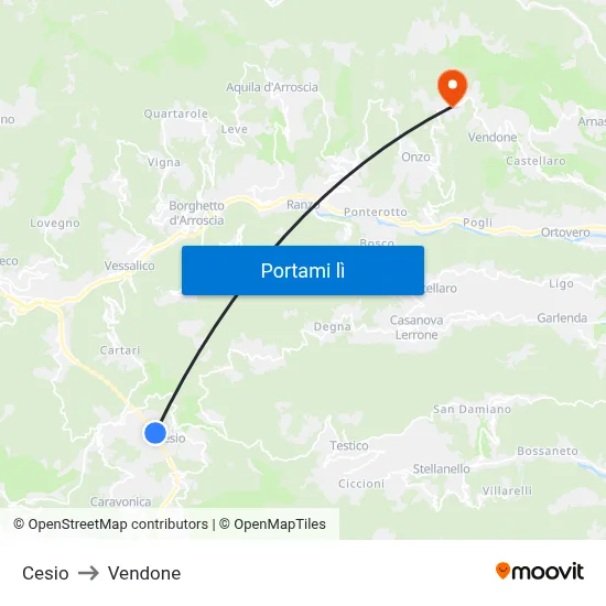 Cesio to Vendone map