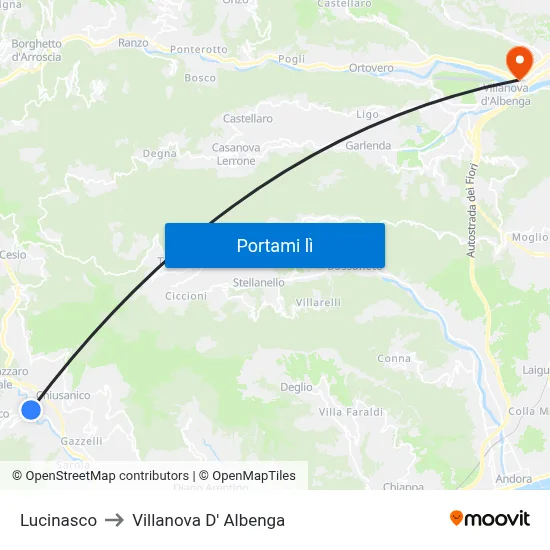 Lucinasco to Villanova D' Albenga map
