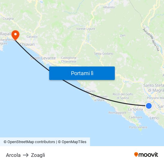 Arcola to Zoagli map