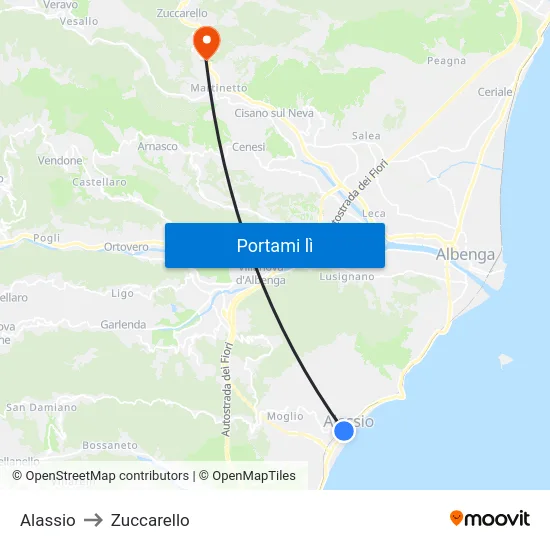 Alassio to Zuccarello map