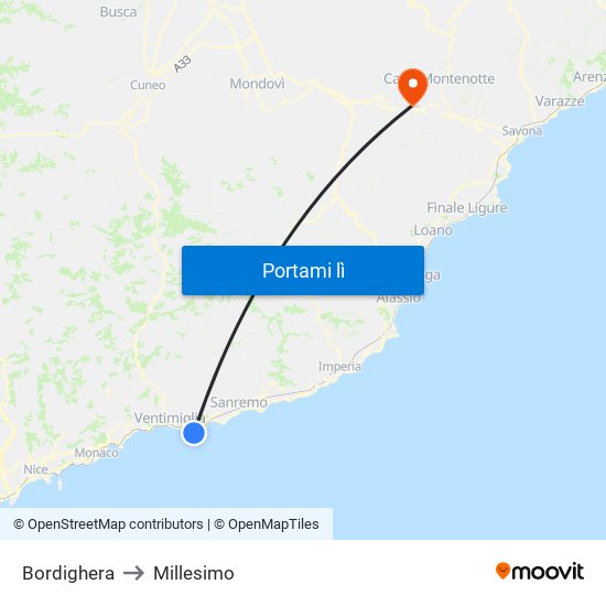 Bordighera to Millesimo map