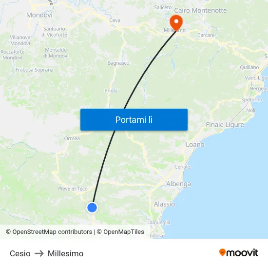 Cesio to Millesimo map