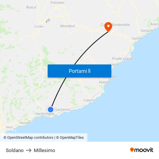 Soldano to Millesimo map