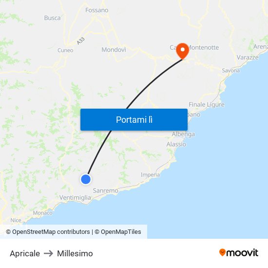 Apricale to Millesimo map