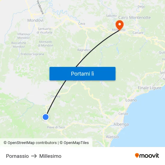 Pornassio to Millesimo map