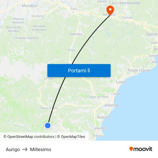 Aurigo to Millesimo map