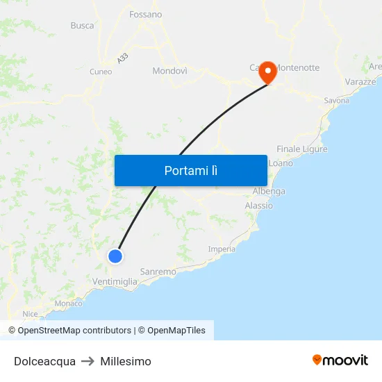 Dolceacqua to Millesimo map