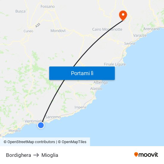 Bordighera to Mioglia map