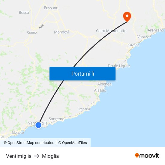 Ventimiglia to Mioglia map