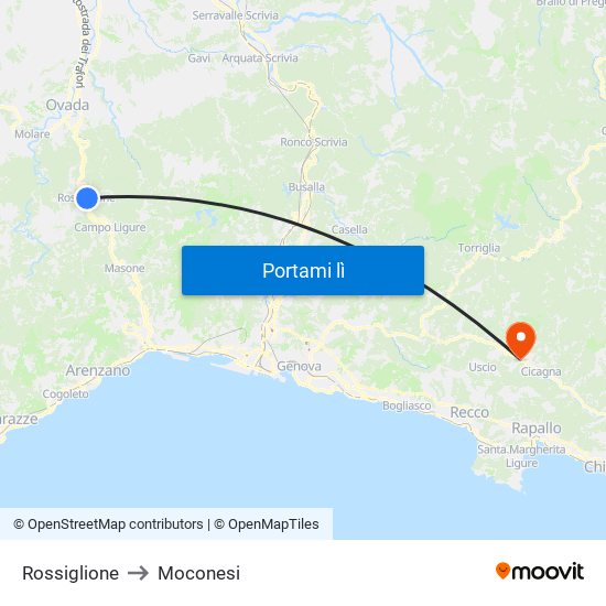 Rossiglione to Moconesi map