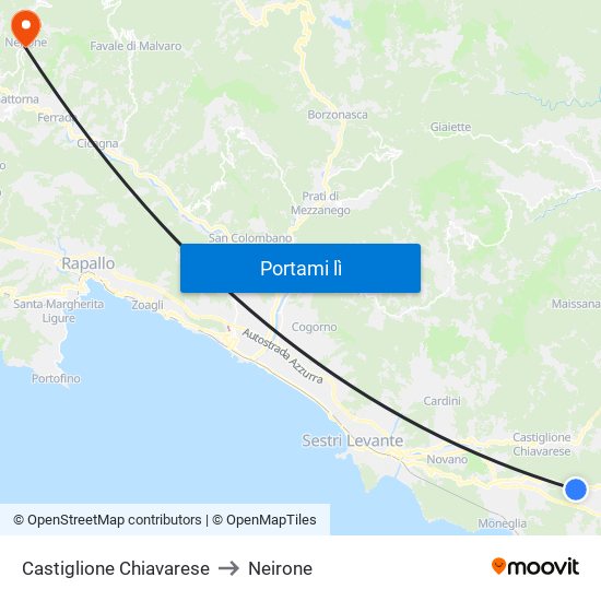 Castiglione Chiavarese to Neirone map