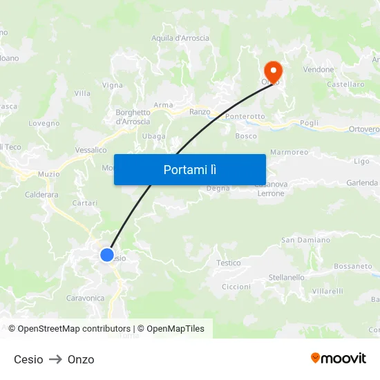 Cesio to Onzo map