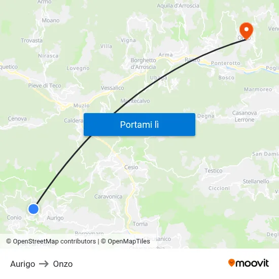 Aurigo to Onzo map