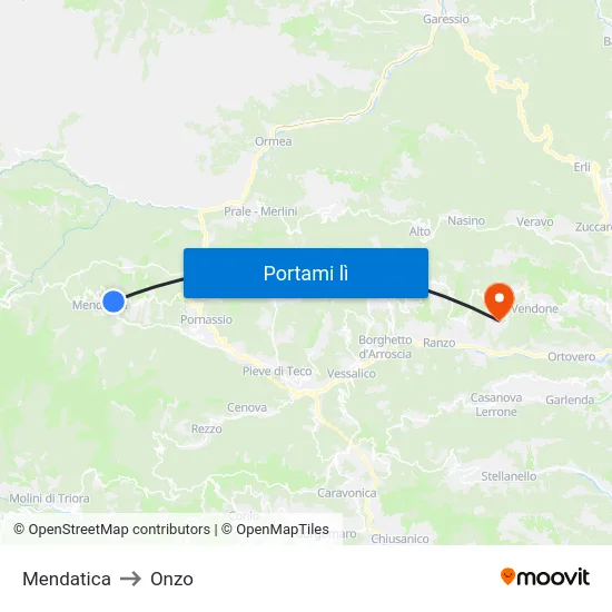 Mendatica to Onzo map
