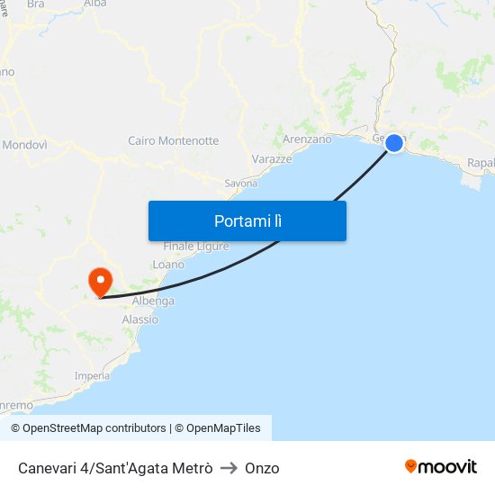 Canevari 4/Sant'Agata Metrò to Onzo map
