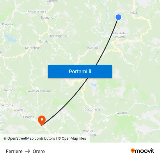 Ferriere to Orero map