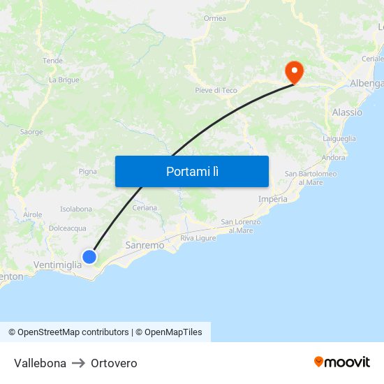Vallebona to Ortovero map