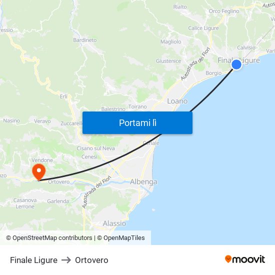 Finale Ligure to Ortovero map