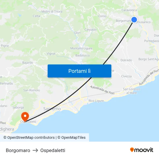 Borgomaro to Ospedaletti map