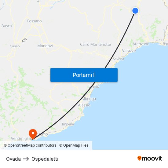 Ovada to Ospedaletti map