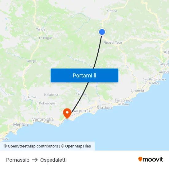 Pornassio to Ospedaletti map