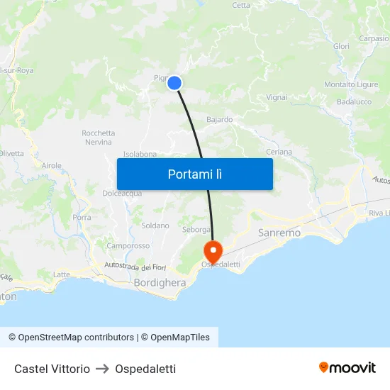 Castel Vittorio to Ospedaletti map