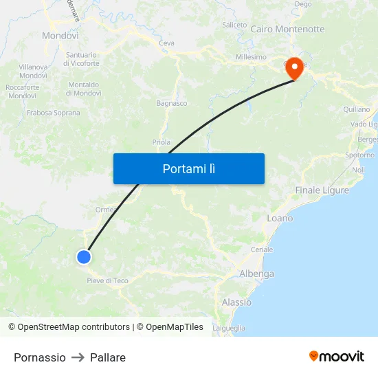 Pornassio to Pallare map