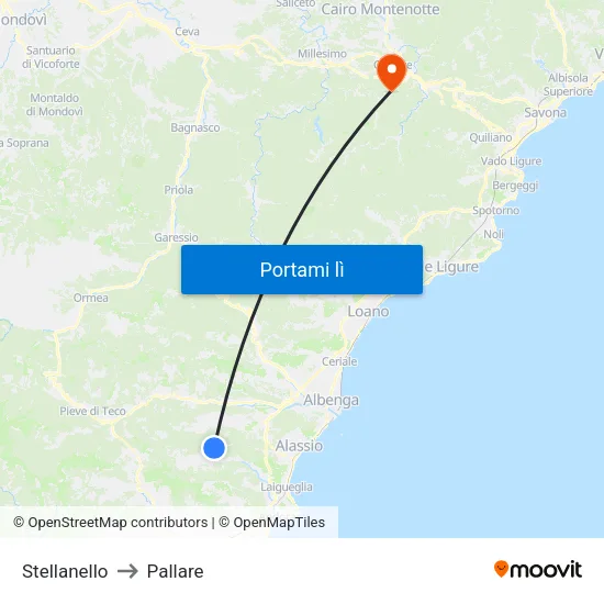 Stellanello to Pallare map