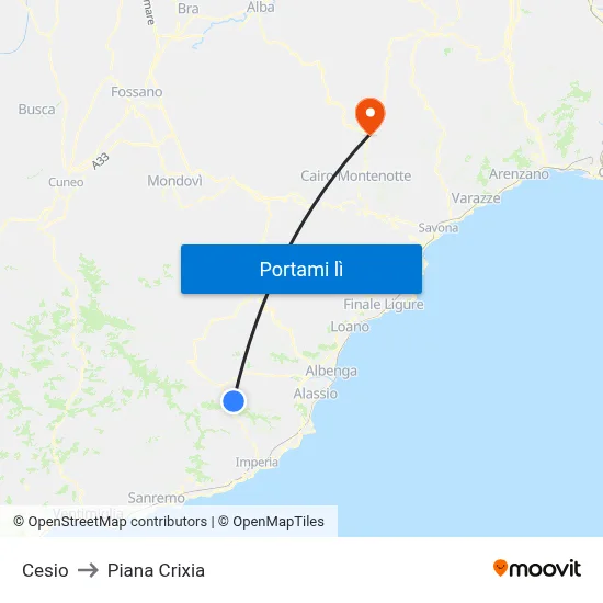 Cesio to Piana Crixia map