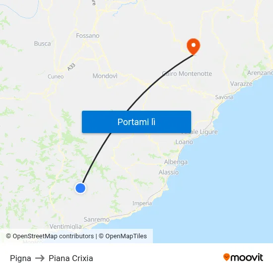 Pigna to Piana Crixia map